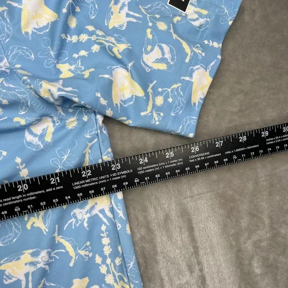 Waggle Buzzin Polo Shirt Men XL Blue Yellow Bee Floral Print Performance Stretch - Picture 9 of 9